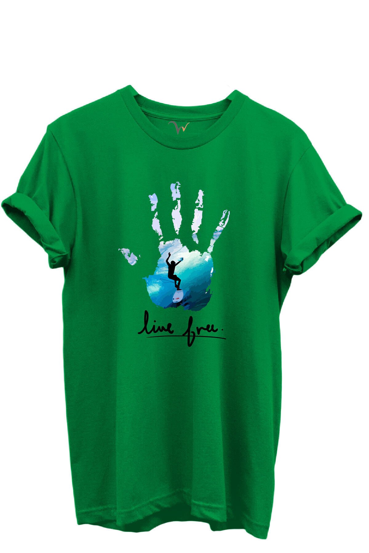 Live Free Yazılı Sörfçü ve El Baskılı %100 Pamuk Regular Fit Unisex T-Shirt Yeşil - S