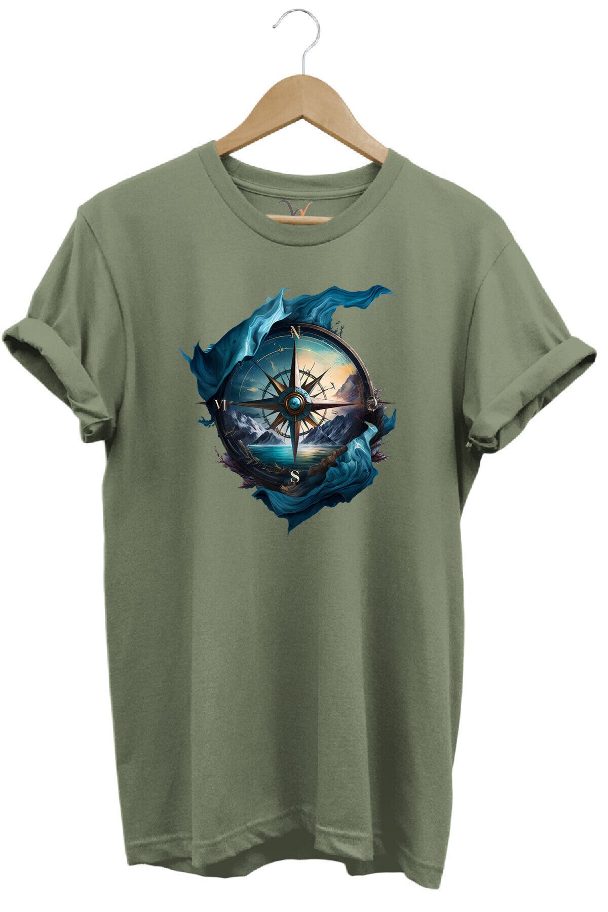 Renkli Manzara Ve Pusula Baskılı %100 Pamuk Regular Fit Lacivert T-shirt Haki - L