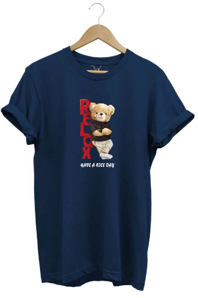 Sevimli Ayıcık Relax Ayı Tasarım Şık Baskılı %100 Pamuk Regular Fit Bisiklet Yaka Beyaz T-shirt Lacivert - M