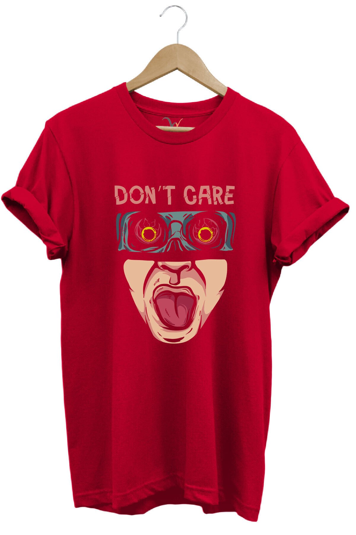 Unisex Don't Care Yazı Baskılı Şık Tasarımlı %100 Pamuk Bisiklet Yaka Lacivert T-shirt Kırmızı - L