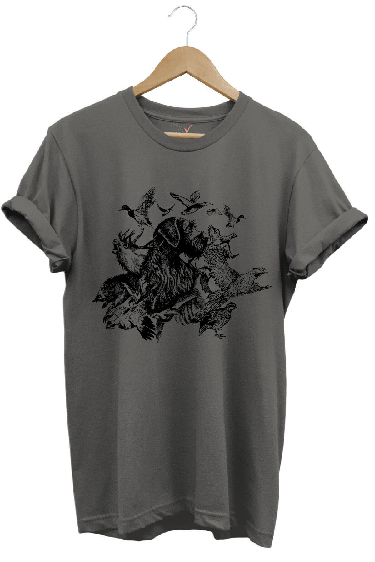 Avcılık Hunter Drahthaar Av Köpeği ve Keklik Ördek Çulluk Baskılı Regular Fit %100 Pamuk T-Shirt Antrasit - XL