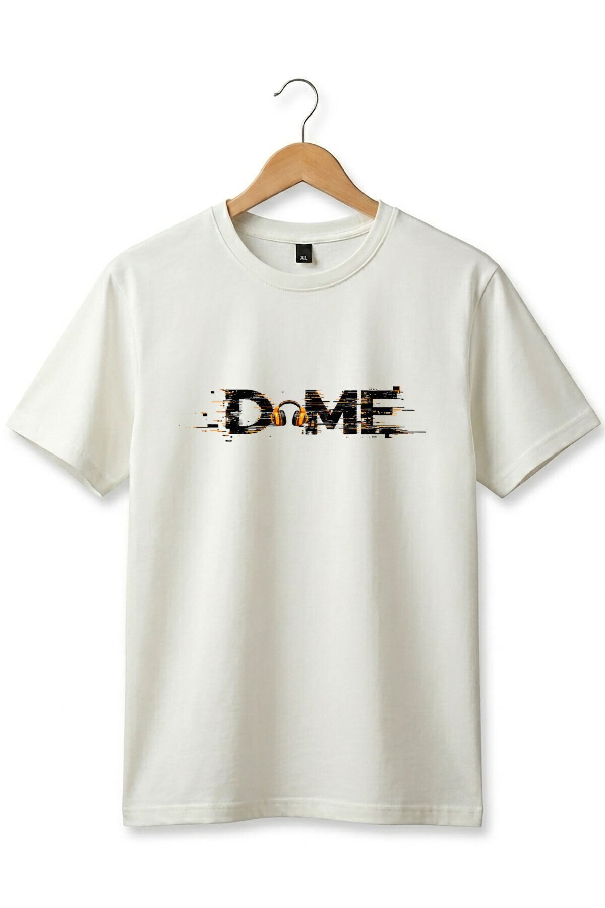 Unisex Müzik Temalı DOME Yazılı Kulaklık Figürlü Glitch Tasarım Sokak Stili %100 Pamuk Basic T-Shirt Ekru - S