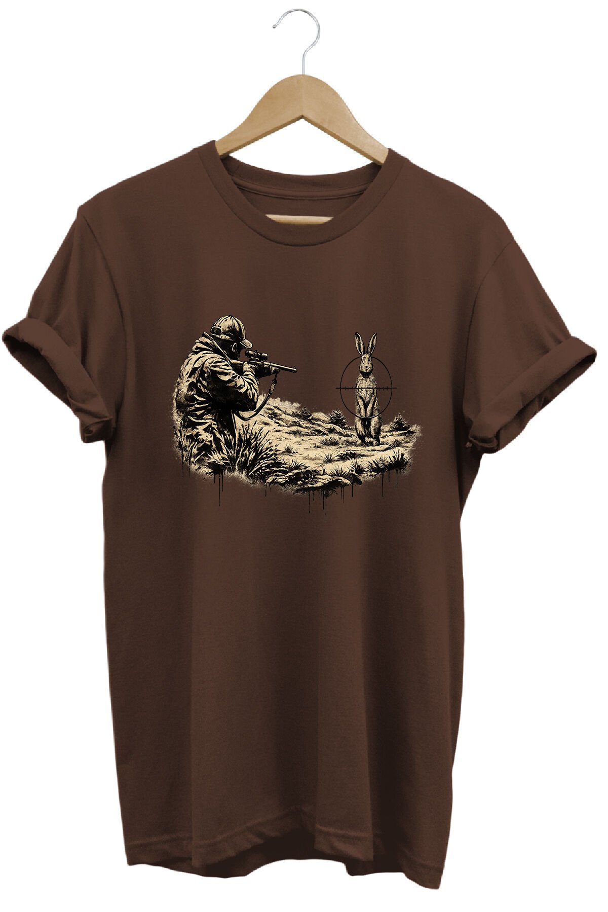 Tavşan ve Nişangah Baskılı Arazi ve Atıcılık Tişörtü Outdoor Giyim Koyu Kahverengi - 3XL