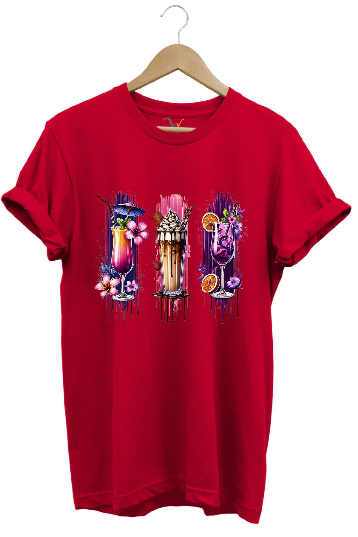 Milkshake ve Kokteyl Temalı Renkli Yaz Baskılı %100 Pamuk Unisex Regular Fit T-Shirt Kırmızı - 2XL
