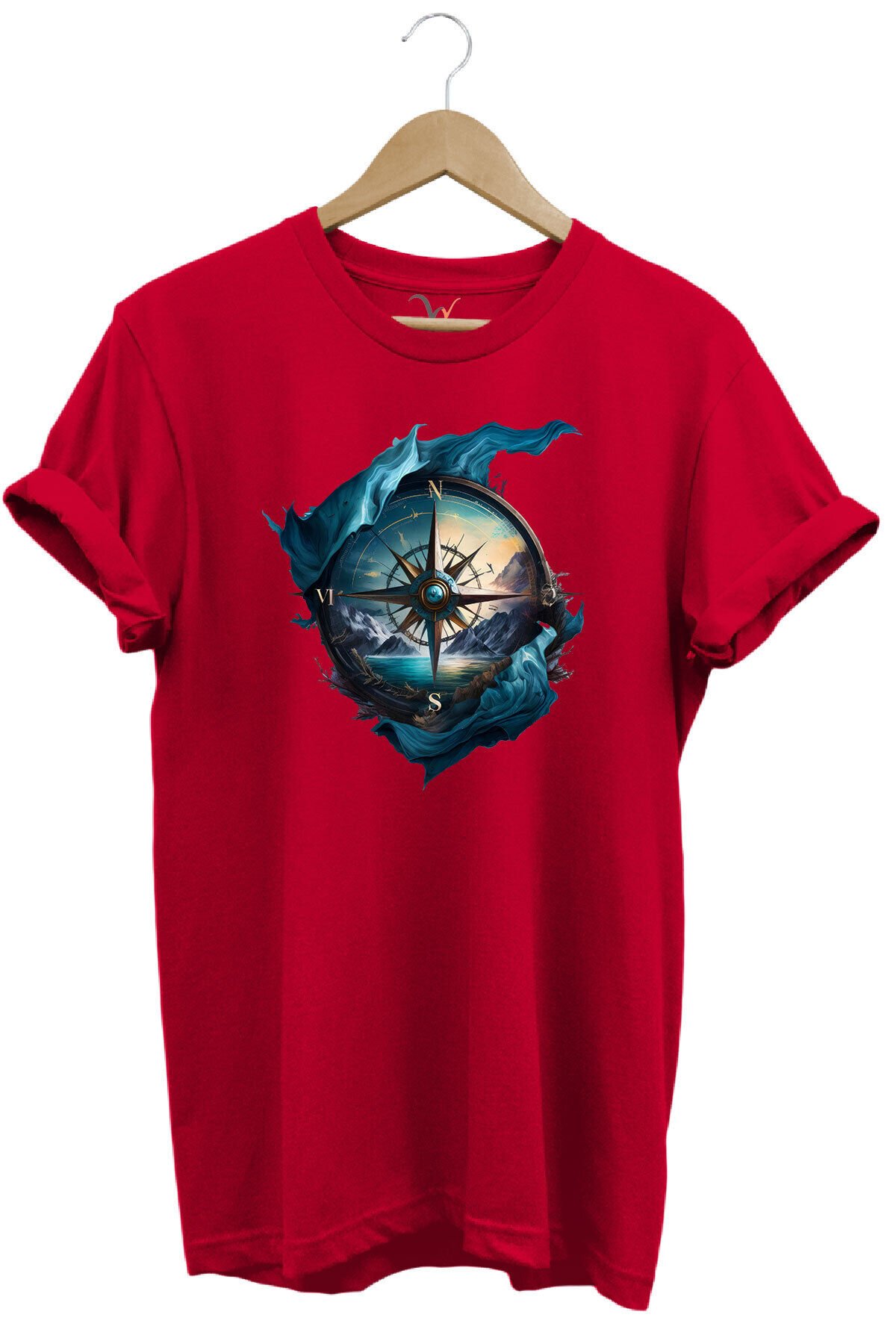 Renkli Manzara Ve Pusula Baskılı %100 Pamuk Regular Fit Lacivert T-shirt Kırmızı - L