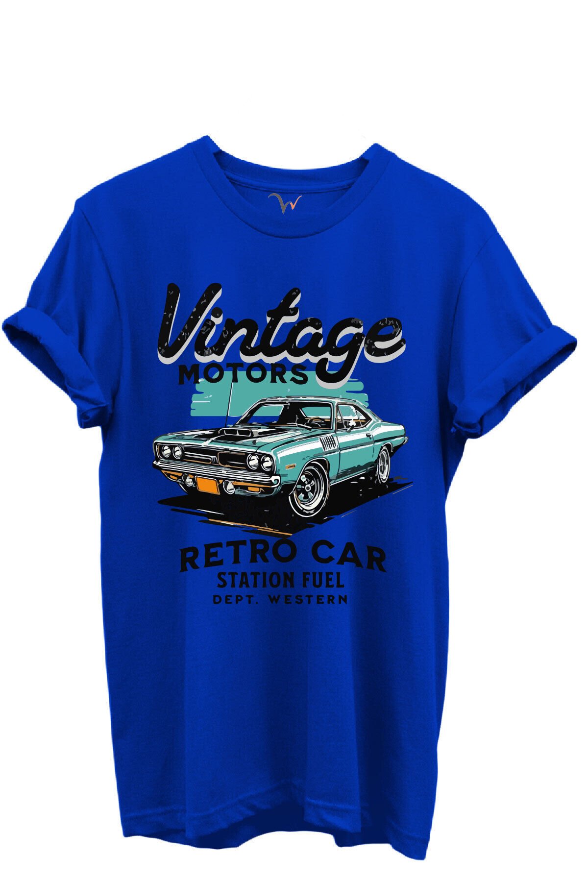 Vintage Motors Yazılı Retro Araba Baskılı %100 Pamuk Regular Fit Unisex T-Shirt Mavi - S