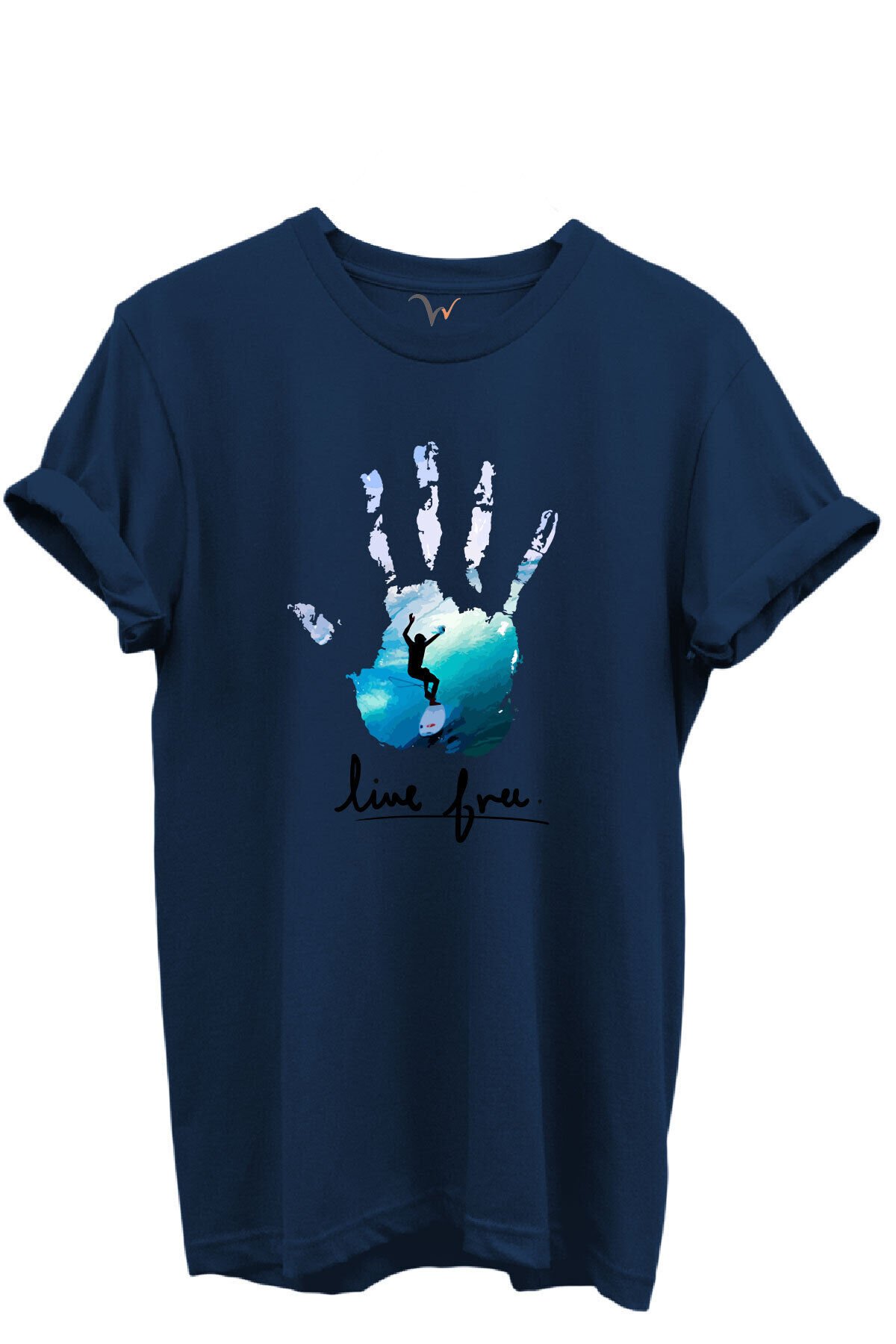 Live Free Yazılı Sörfçü ve El Baskılı %100 Pamuk Regular Fit Unisex T-Shirt Lacivert - 4XL