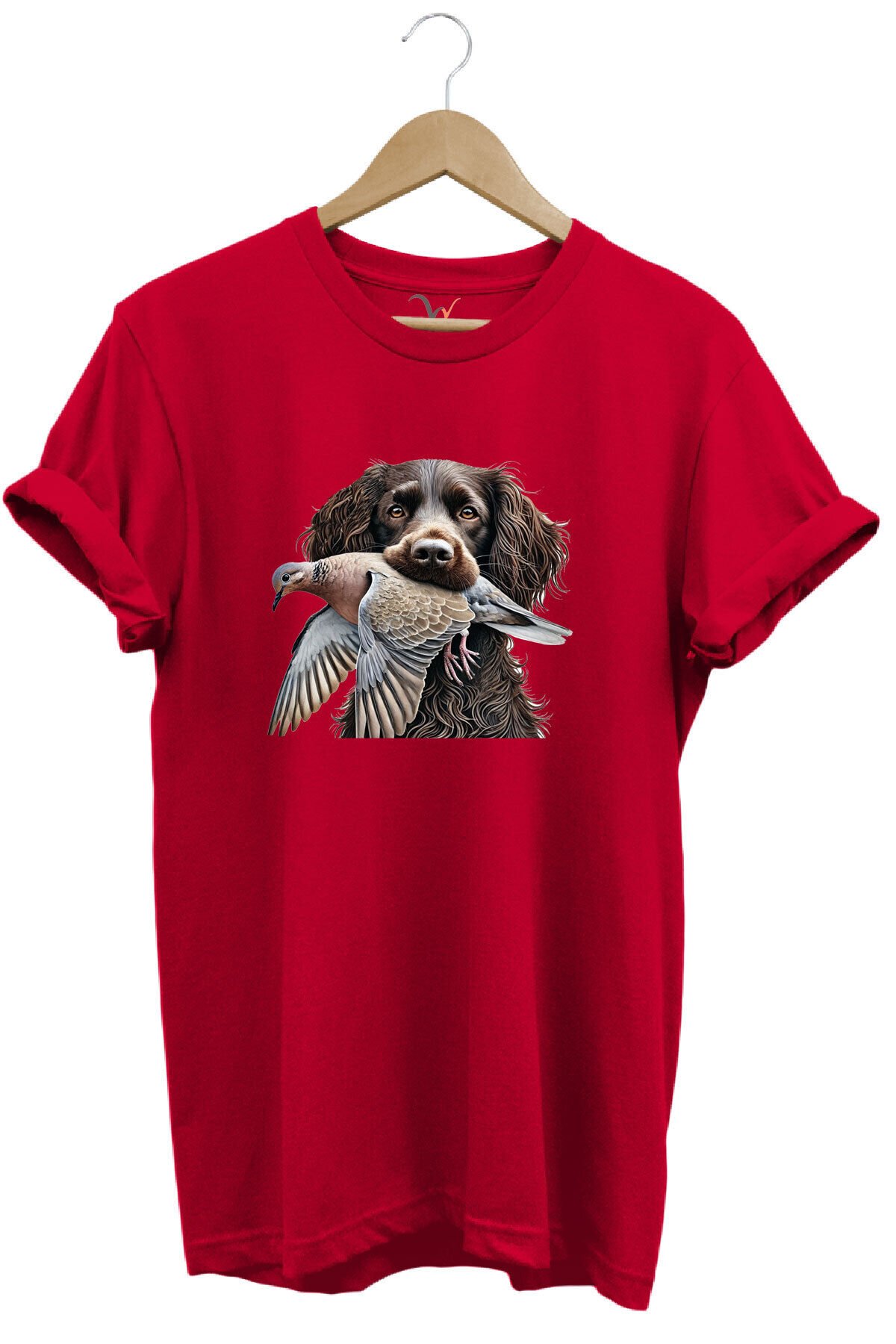 Avcılık Hunter Üveyik Kuşu ve Avcı Boykin Köpeği Tasarım Baskılı %100 Pamuk Regular Fit T-shirt Kırmızı - 2XL