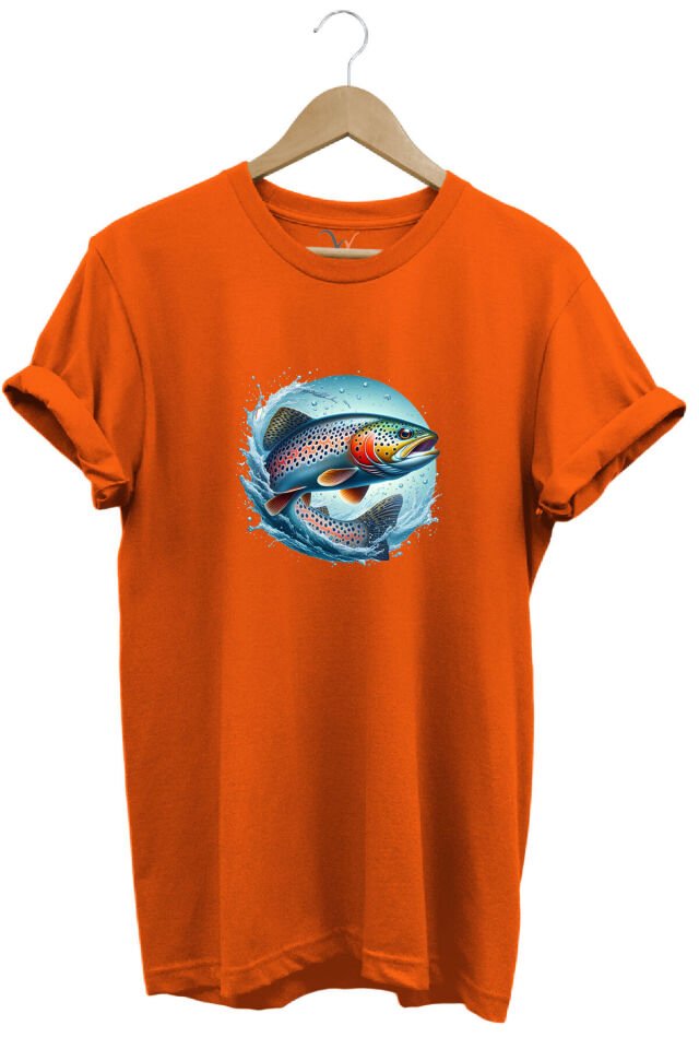 Alabalık Baskılı Balıkçılık %100 Pamuk Regular Fit Bisiklet Yaka Kırmızı T-shirt Turuncu - XL