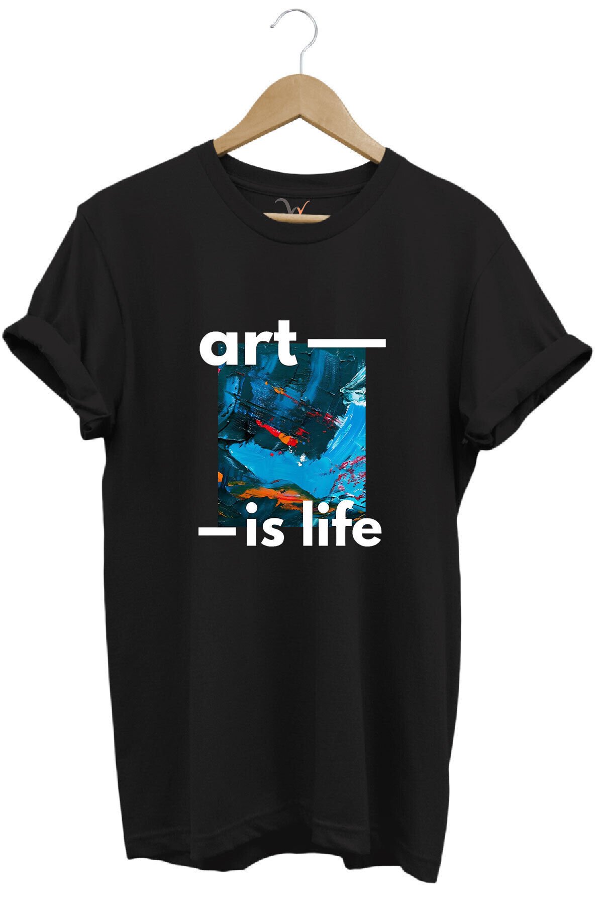 Sanatsal Renkli Tasarım Baskılı Art is Life Yazılı %100 Pamuk Regular Fit Unisex T-Shirt Siyah - L