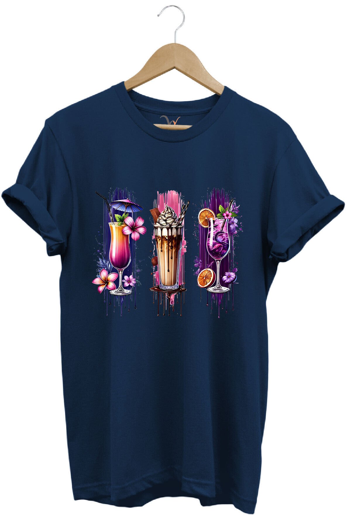 Milkshake ve Kokteyl Temalı Renkli Yaz Baskılı %100 Pamuk Unisex Regular Fit T-Shirt Lacivert - XL