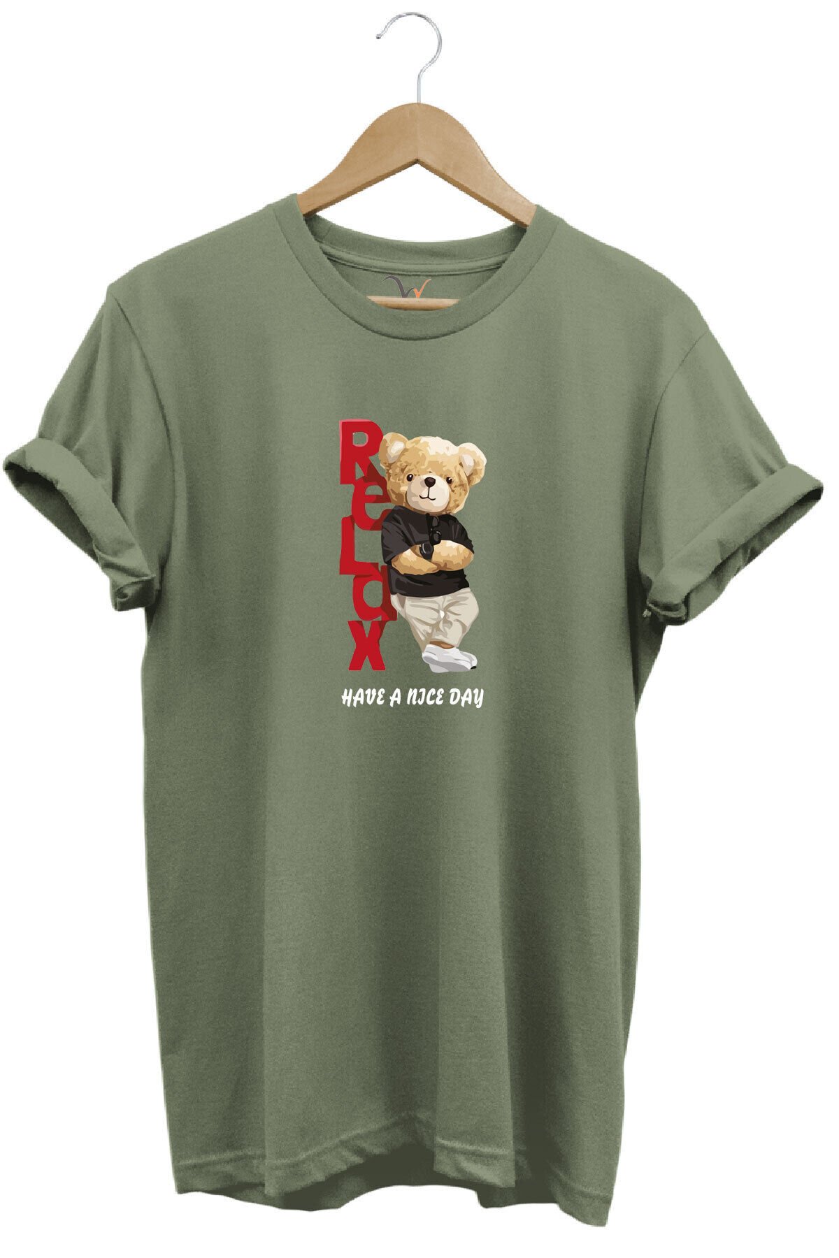 Sevimli Ayıcık Relax Ayı Tasarım Şık Baskılı %100 Pamuk Regular Fit Bisiklet Yaka Beyaz T-shirt Haki - L