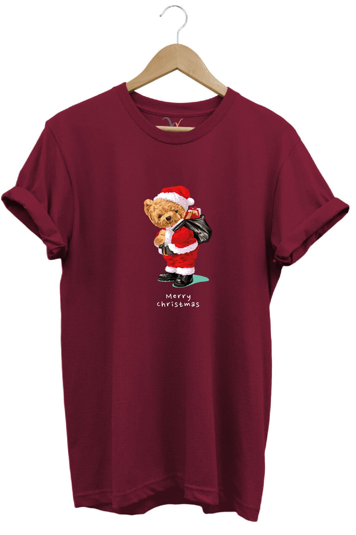 Yılbaşı Yeni Yıl Merry Christmas Sevimli Ayıcık Baskılı %100 Pamuk Regular Fit T-shirt Bordo - M