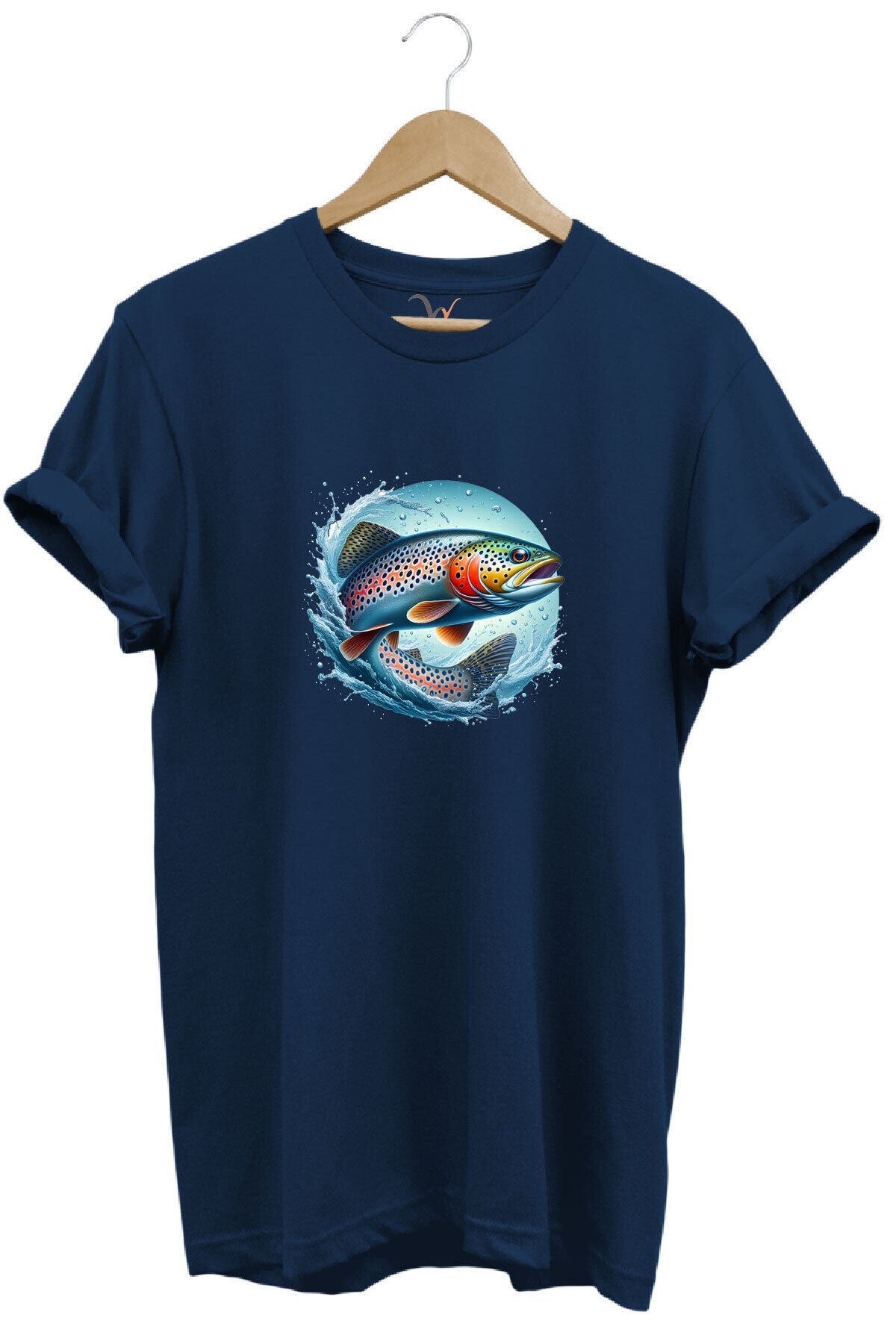 Alabalık Baskılı Balıkçılık %100 Pamuk Regular Fit Bisiklet Yaka Kırmızı T-shirt Lacivert - M