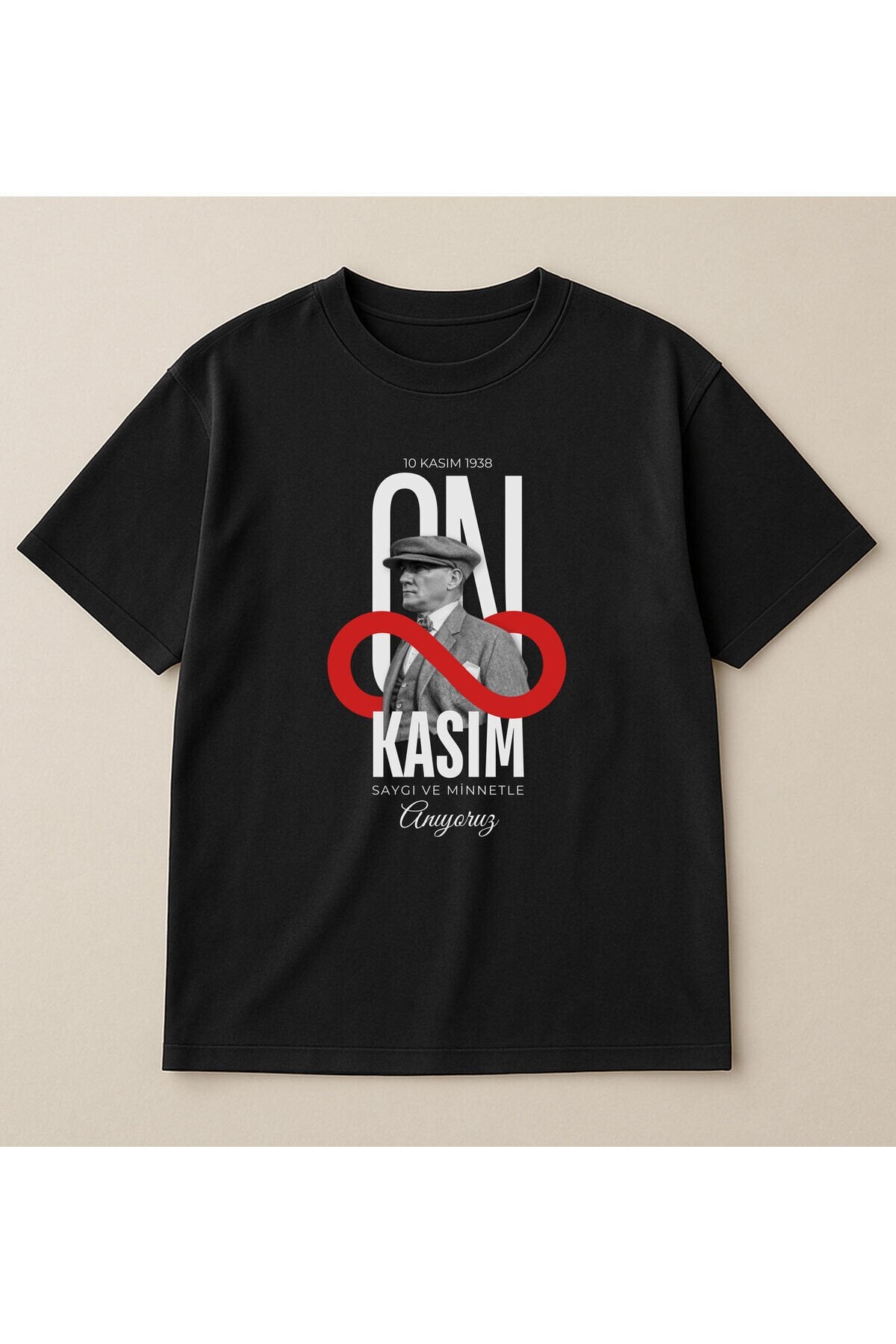 Atatürk Sonsuzluk Temalı 10 Kasım Baskılı Oversize %100 Pamuk Unisex Siyah T-Shirt