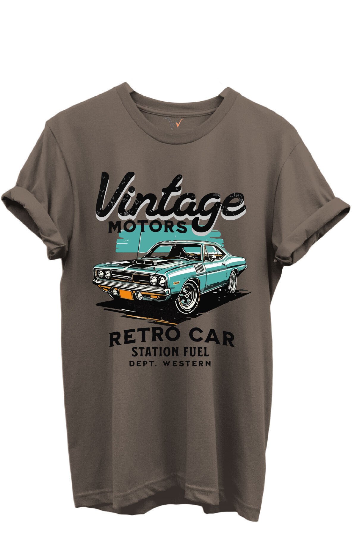 Vintage Motors Yazılı Retro Araba Baskılı %100 Pamuk Regular Fit Unisex T-Shirt Kahverengi - 3XL