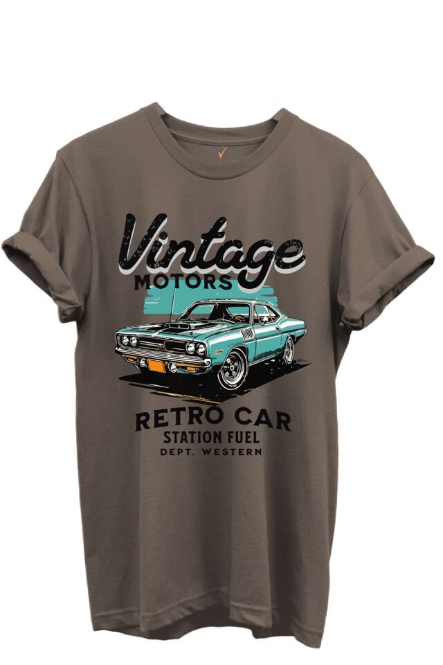 Vintage Motors Yazılı Retro Araba Baskılı %100 Pamuk Regular Fit Unisex T-Shirt Kahverengi - 3XL