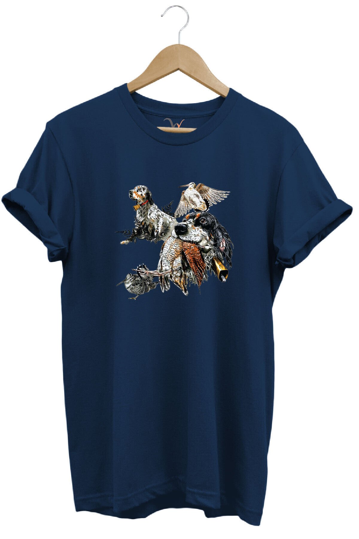Hunting Outdoor English Setter Çulluk Baskılı %100 Pamuk Regular Fit Bisiklet Yaka T-shirt Lacivert - 2XL