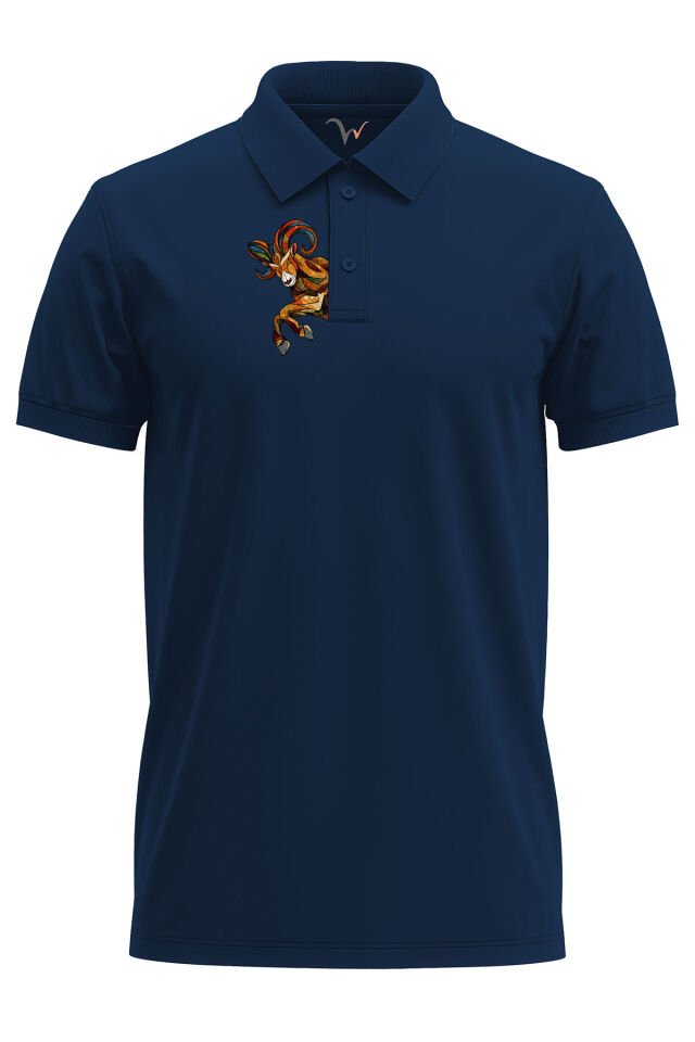 Outdoor Stil Dağ Keçisi Göğüs Baskılı Regular Fit %100 Pamuk Polo Yaka T-Shirt Lacivert - 2XL