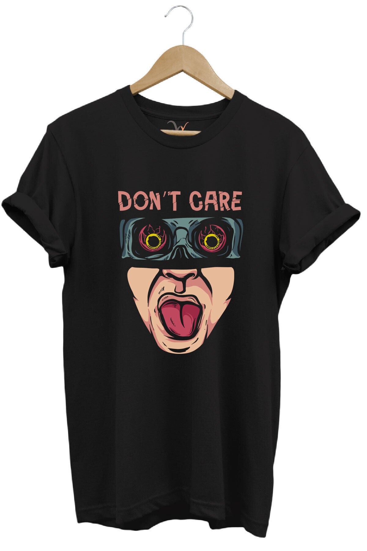 Unisex Don't Care Yazı Baskılı Şık Tasarımlı %100 Pamuk Bisiklet Yaka Lacivert T-shirt Siyah - XL