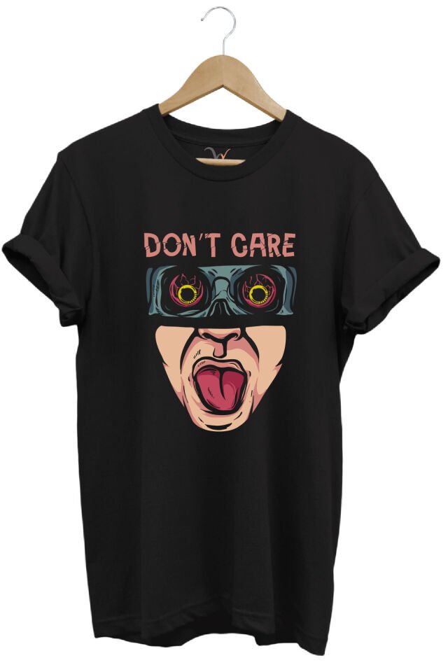 Unisex Don't Care Yazı Baskılı Şık Tasarımlı %100 Pamuk Bisiklet Yaka Lacivert T-shirt Siyah - XL