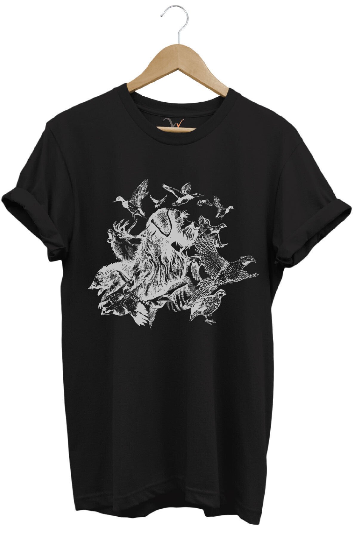 Avcılık Hunter Drahthaar Av Köpeği ve Keklik Ördek Çulluk Baskılı Regular Fit %100 Pamuk T-Shirt Siyah - 13-14 Yaş
