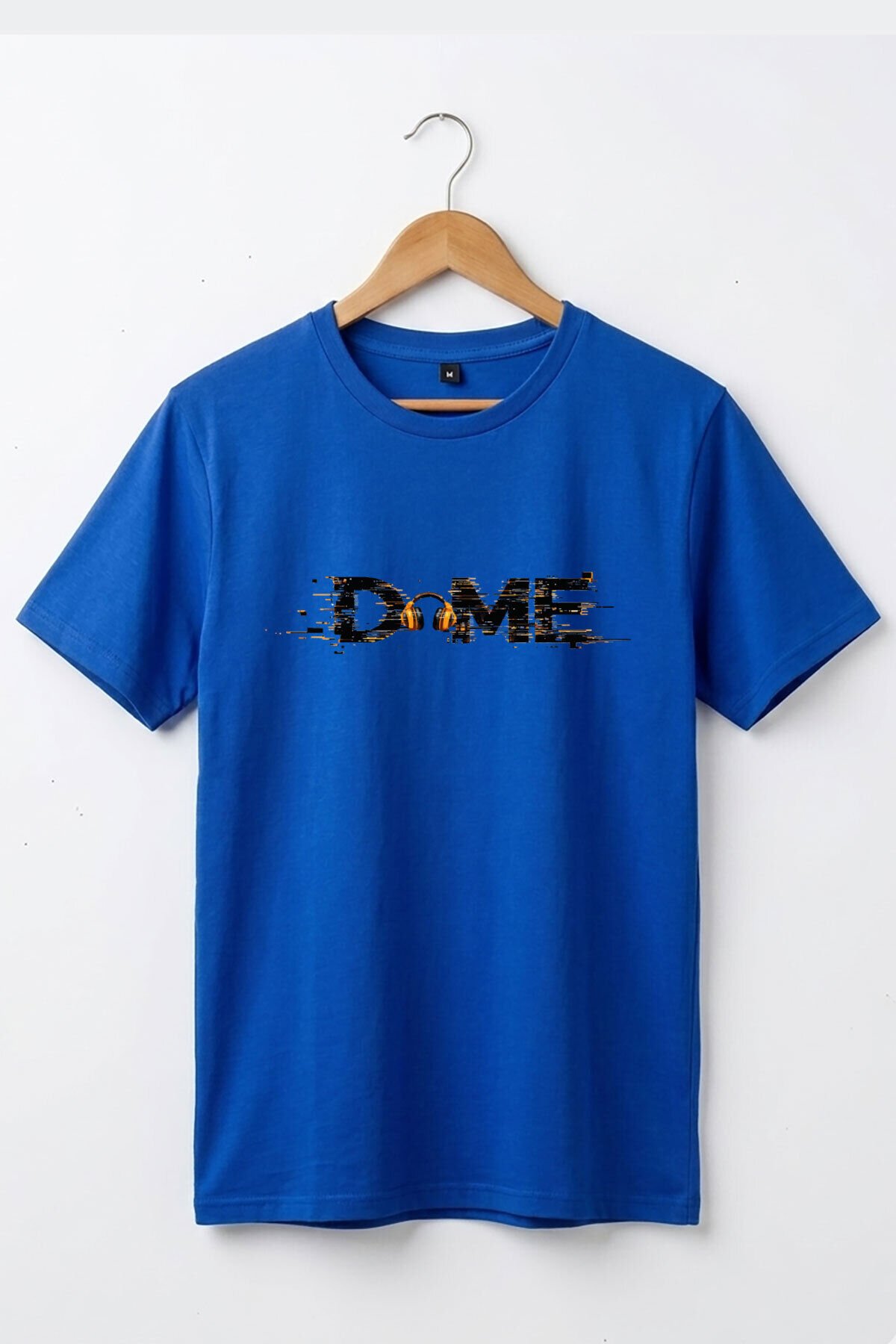 Unisex Müzik Temalı DOME Yazılı Kulaklık Figürlü Glitch Tasarım Sokak Stili %100 Pamuk Basic T-Shirt Mavi - L