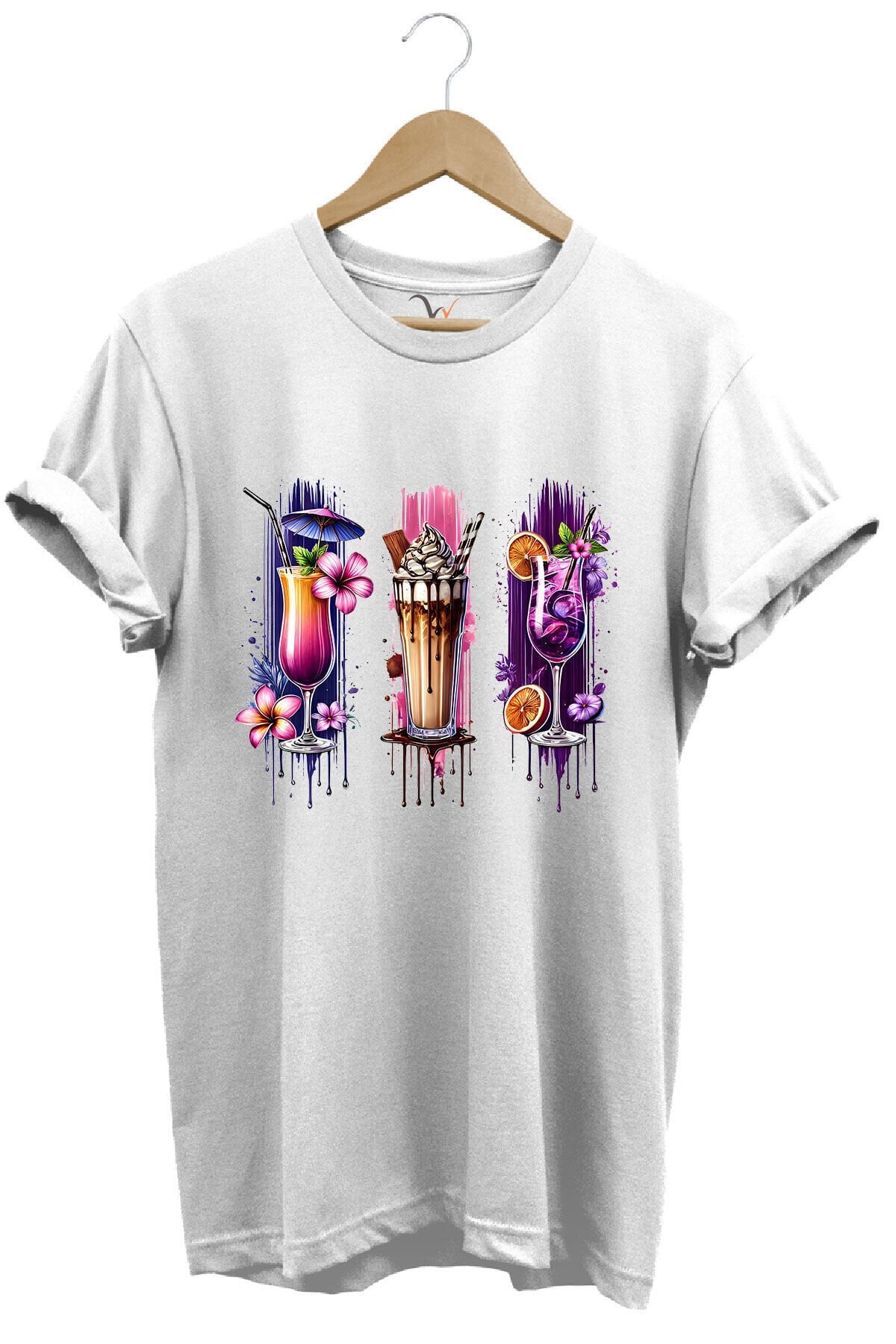 Milkshake ve Kokteyl Temalı Renkli Yaz Baskılı %100 Pamuk Unisex Regular Fit T-Shirt Beyaz - S