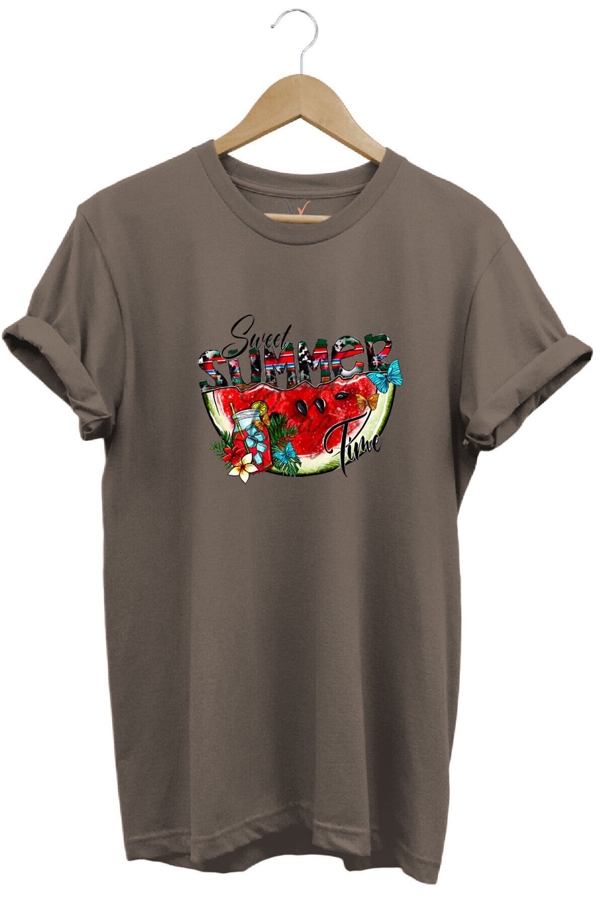 Summer Yazlık Karpuz Tasarım Baskılı %100 Pamuk Regular Fit Kahverengi T-shirt Kahverengi - XL