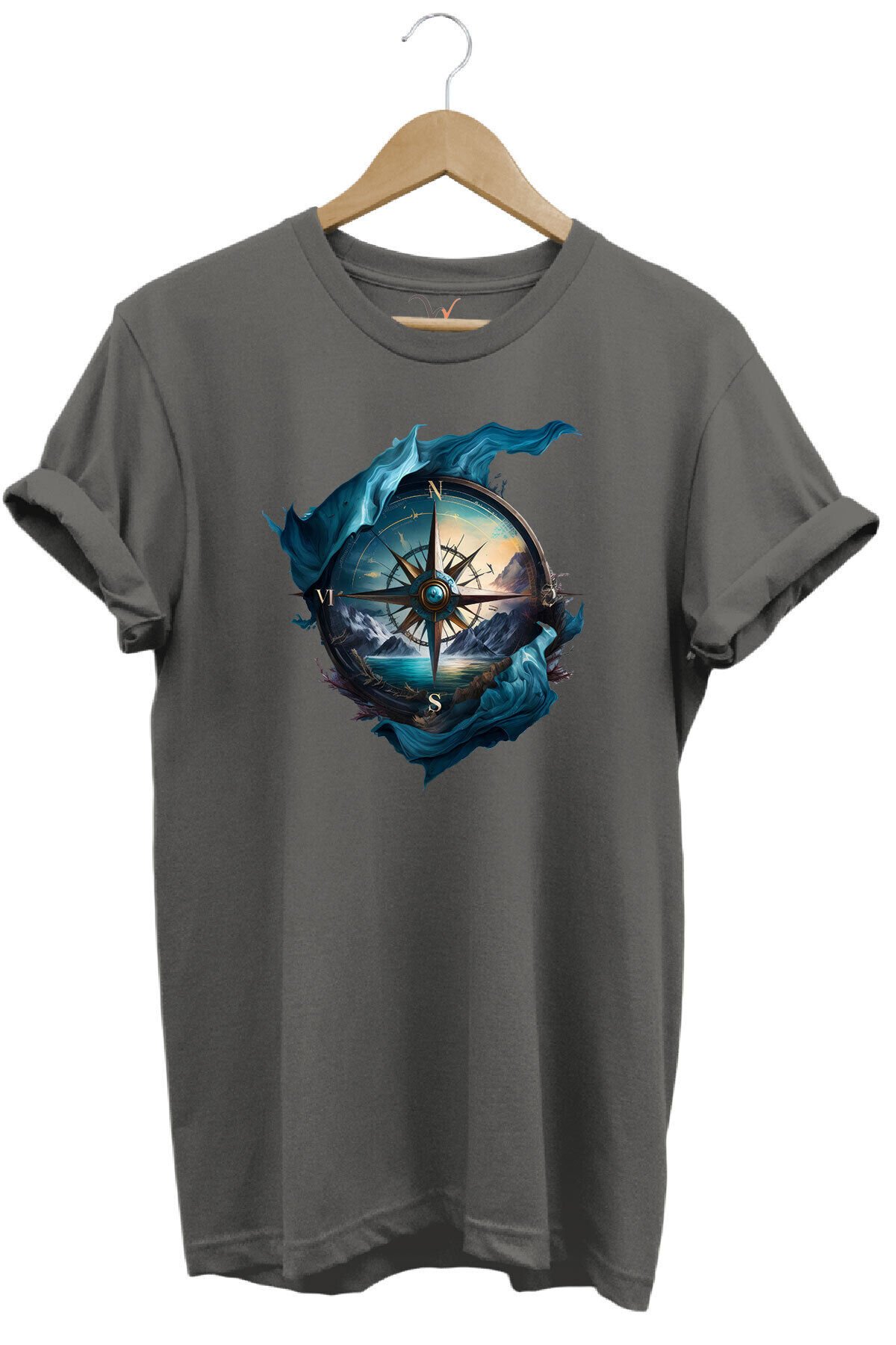 Renkli Manzara Ve Pusula Baskılı %100 Pamuk Regular Fit Lacivert T-shirt Gri - 2XL