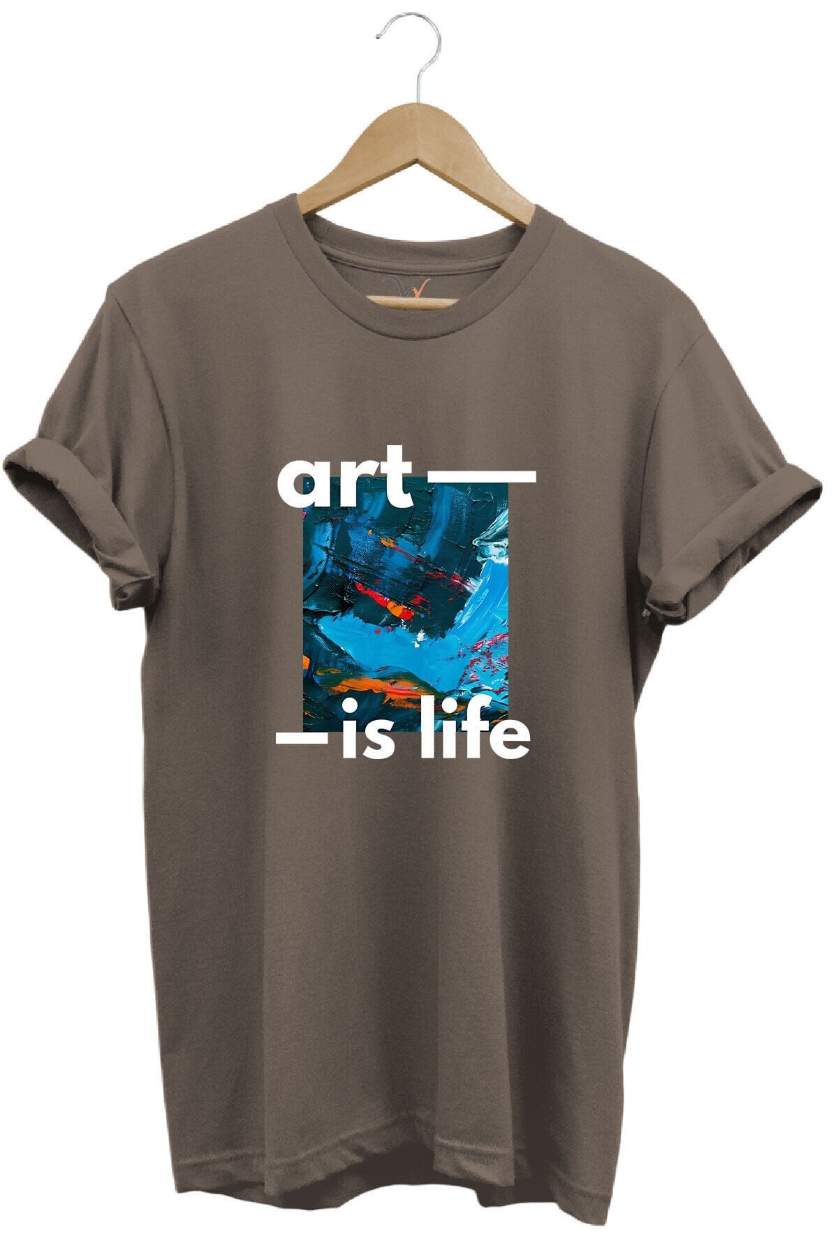 Sanatsal Renkli Tasarım Baskılı Art is Life Yazılı %100 Pamuk Regular Fit Unisex T-Shirt Kahverengi - L