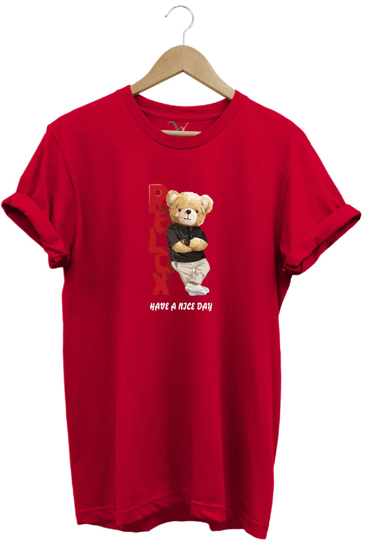 Sevimli Ayıcık Relax Ayı Tasarım Şık Baskılı %100 Pamuk Regular Fit Bisiklet Yaka Beyaz T-shirt Kırmızı - M