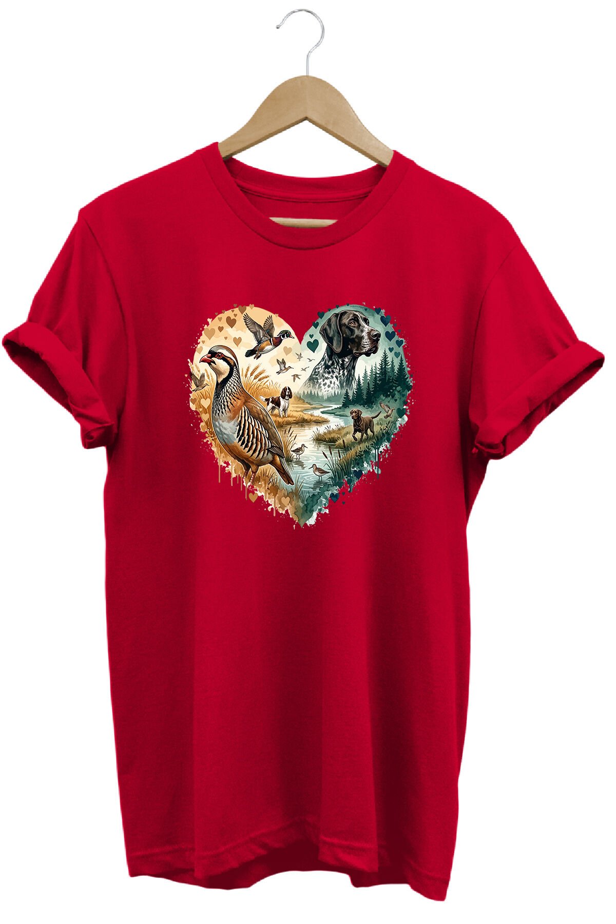 Unisex Çulluk ve Arazi Köpeği Baskılı Doğa Tişörtü Outdoor Kamp Giyimi Kırmızı - 3XL