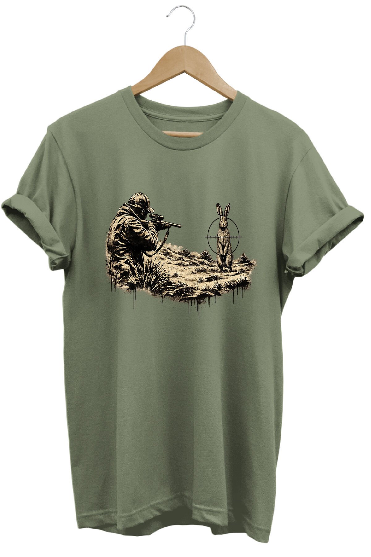 Tavşan ve Nişangah Baskılı Arazi ve Atıcılık Tişörtü Outdoor Giyim Haki - M