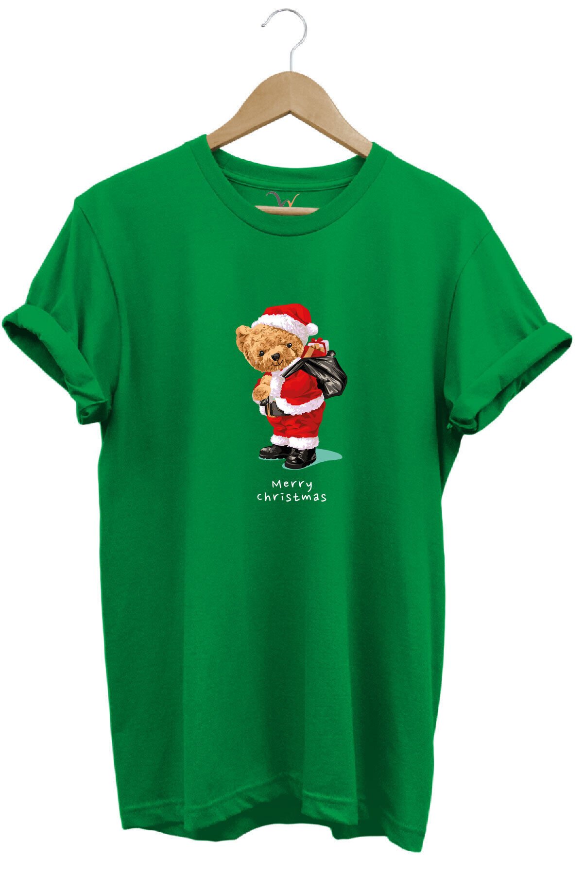 Yılbaşı Yeni Yıl Merry Christmas Sevimli Ayıcık Baskılı %100 Pamuk Regular Fit T-shirt Yeşil - 3XL