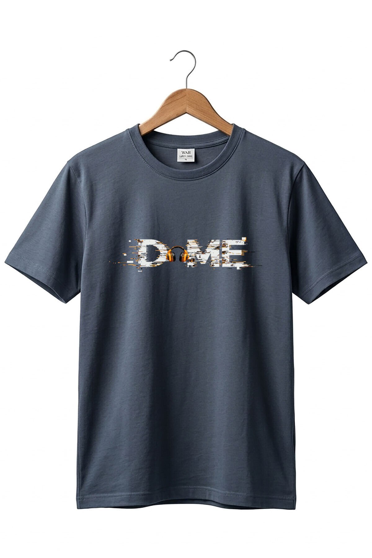 Unisex Müzik Temalı DOME Yazılı Kulaklık Figürlü Glitch Tasarım Sokak Stili %100 Pamuk Basic T-Shirt Antrasit Gri - 3XL