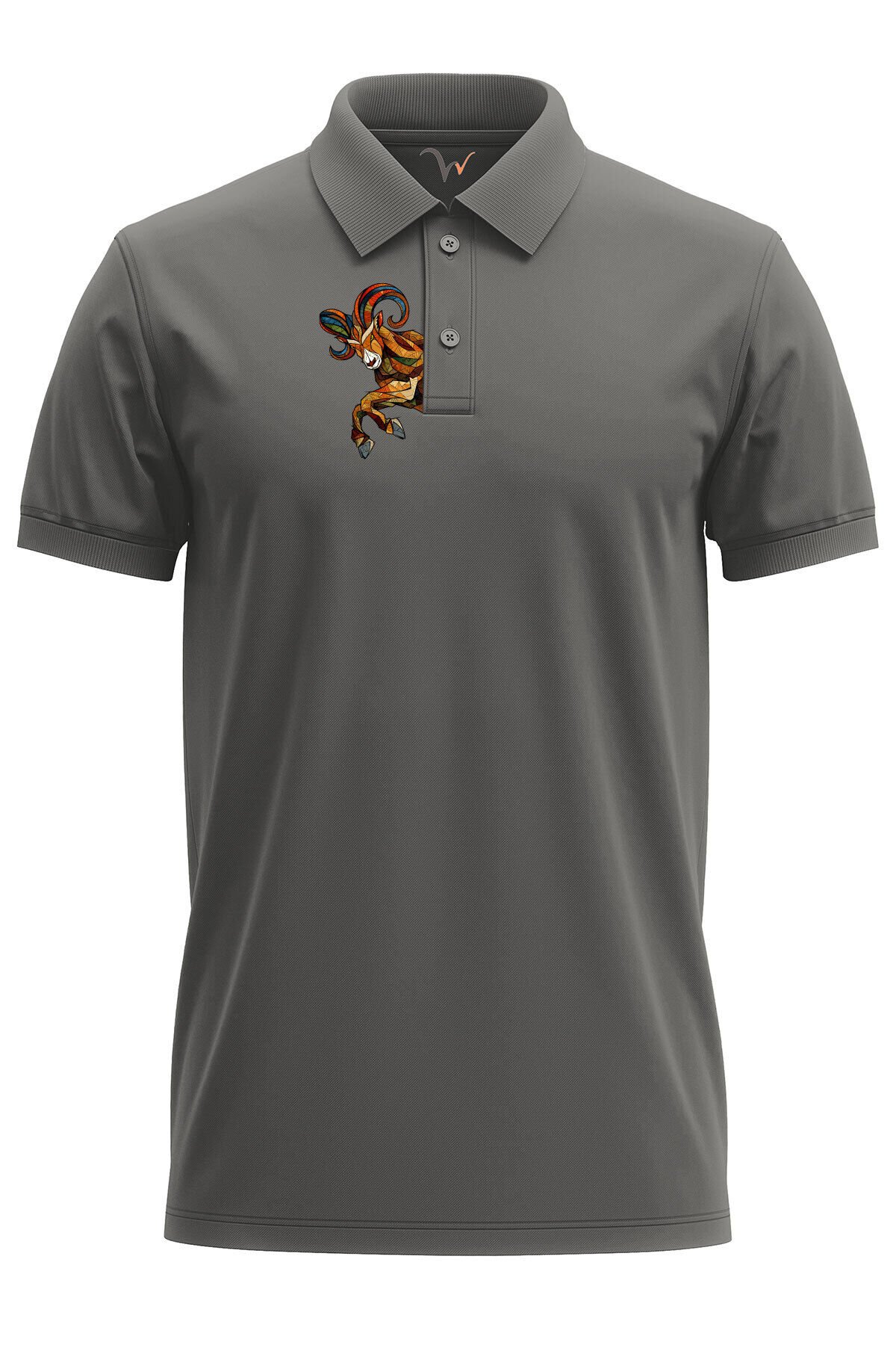 Outdoor Stil Dağ Keçisi Göğüs Baskılı Regular Fit %100 Pamuk Polo Yaka T-Shirt Antrasit Gri - XL