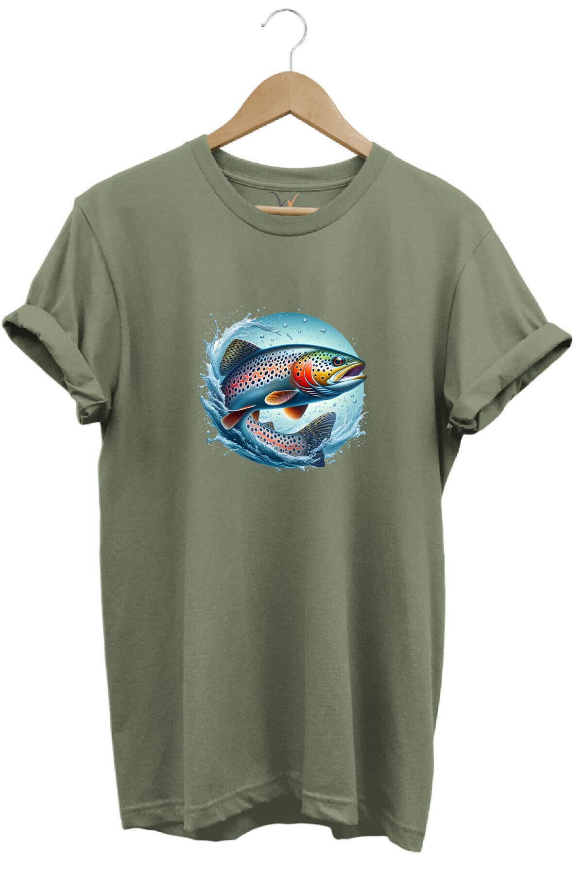 Alabalık Baskılı Balıkçılık %100 Pamuk Regular Fit Bisiklet Yaka Kırmızı T-shirt Haki - M