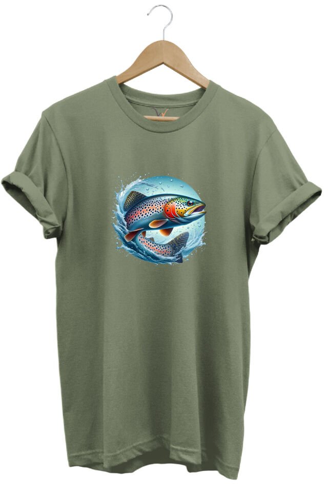 Alabalık Baskılı Balıkçılık %100 Pamuk Regular Fit Bisiklet Yaka Kırmızı T-shirt Haki - M
