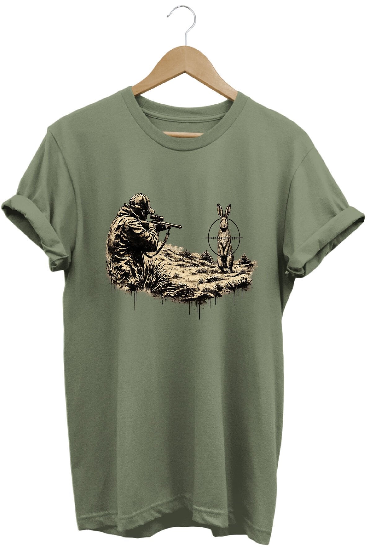 Tavşan ve Nişangah Baskılı Arazi ve Atıcılık Tişörtü Outdoor Giyim Haki - S