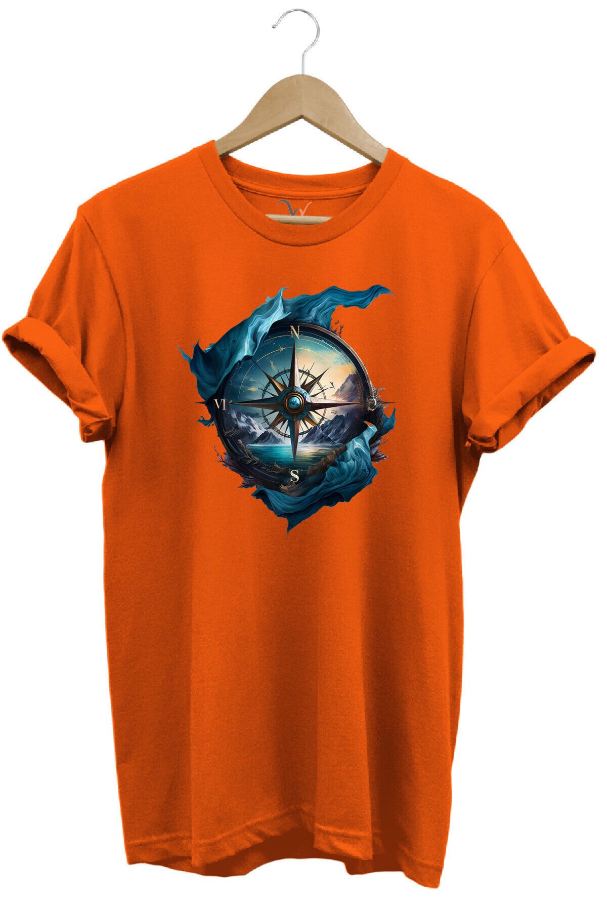 Renkli Manzara Ve Pusula Baskılı %100 Pamuk Regular Fit Lacivert T-shirt Turuncu - M
