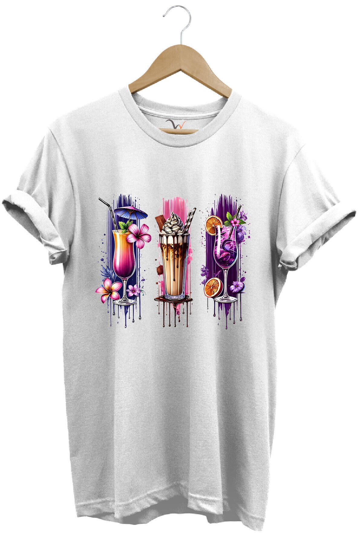 Milkshake ve Kokteyl Temalı Renkli Yaz Baskılı %100 Pamuk Unisex Regular Fit T-Shirt Beyaz - 3XL