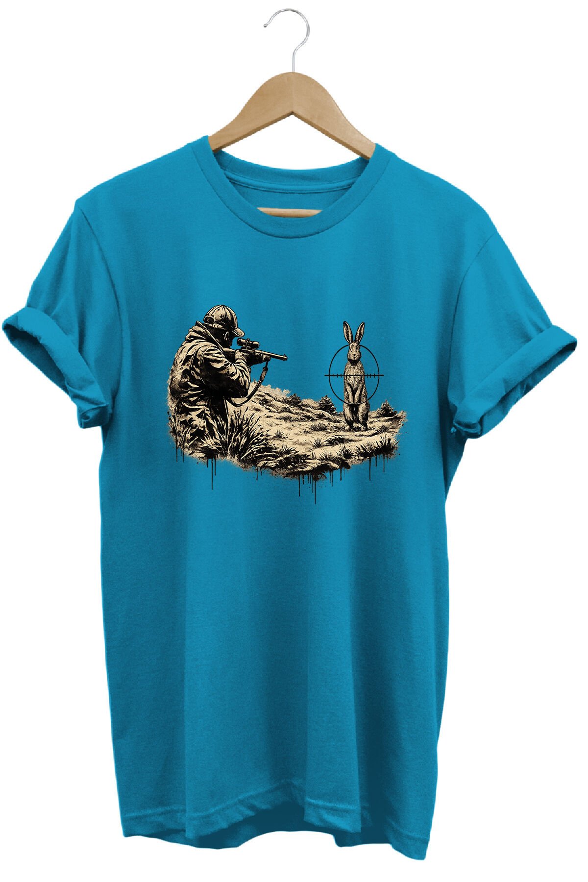 Tavşan ve Nişangah Baskılı Arazi ve Atıcılık Tişörtü Outdoor Giyim Turkuaz - XL
