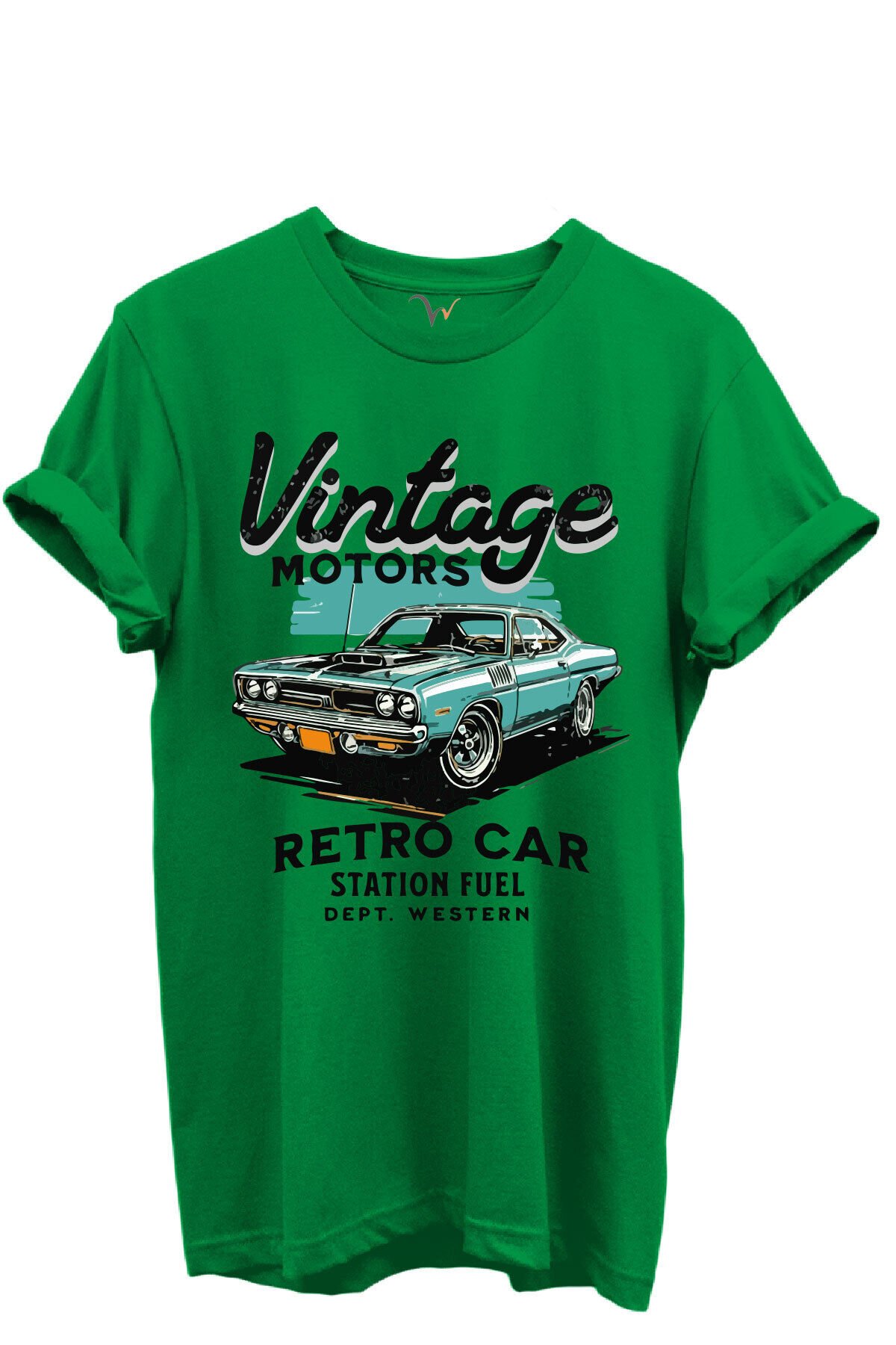 Vintage Motors Yazılı Retro Araba Baskılı %100 Pamuk Regular Fit Unisex T-Shirt Yeşil - XL