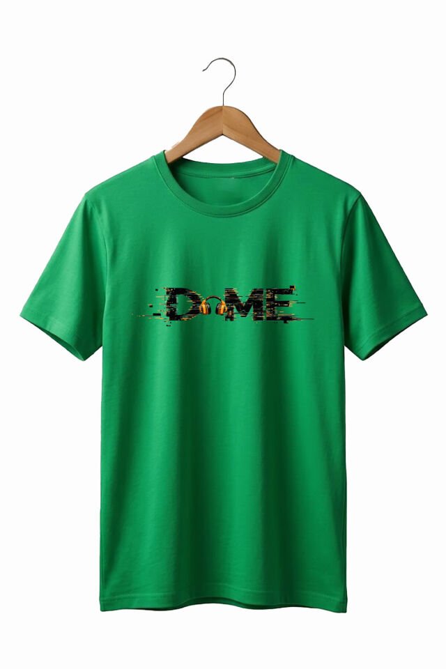 Unisex Müzik Temalı DOME Yazılı Kulaklık Figürlü Glitch Tasarım Sokak Stili %100 Pamuk Basic T-Shirt Yeşil - L