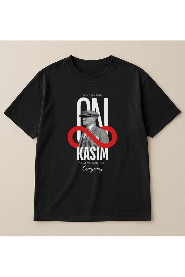Atatürk Sonsuzluk Temalı 10 Kasım Baskılı Oversize %100 Pamuk Unisex Siyah T-Shirt Siyah - M