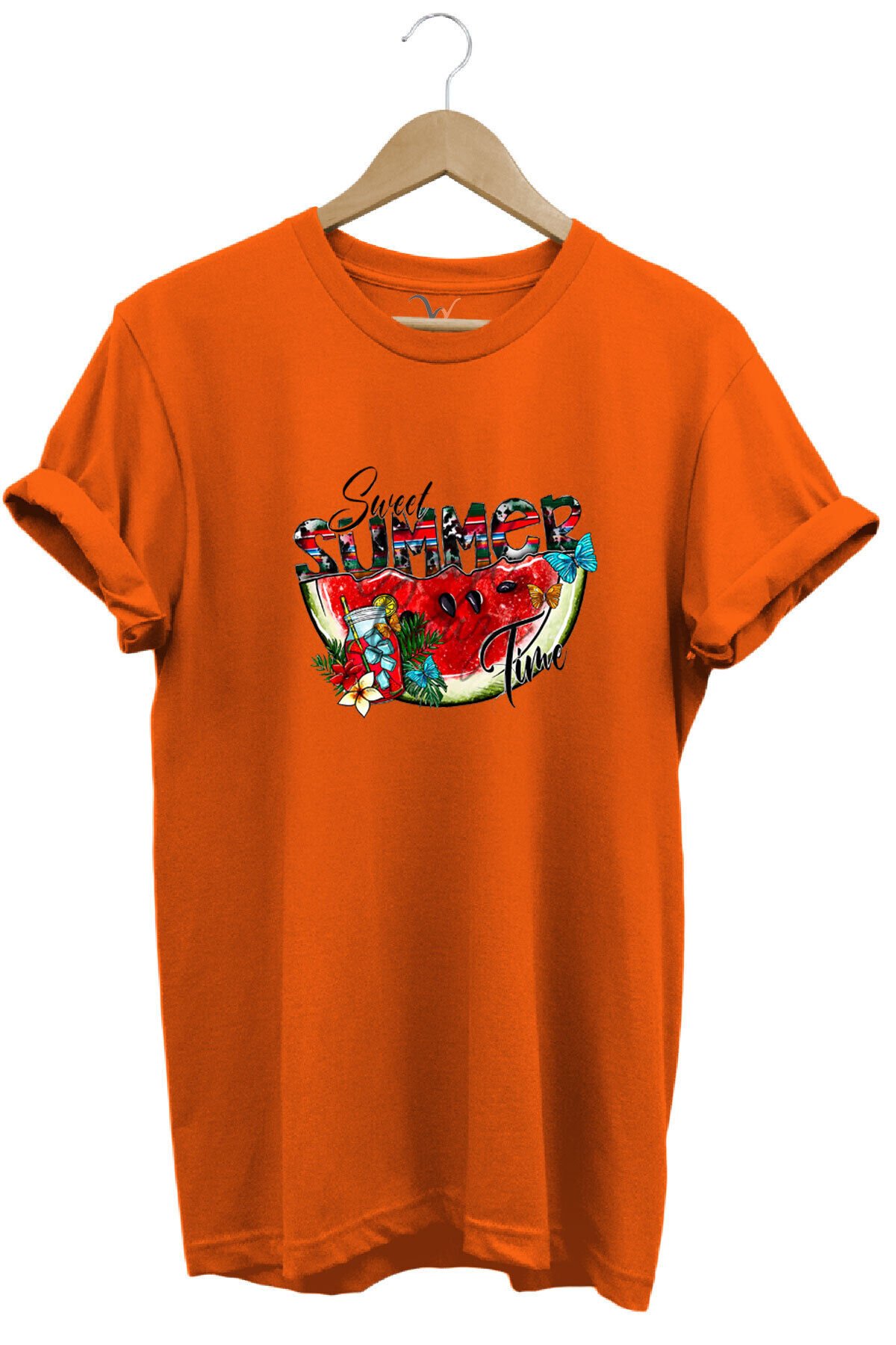Summer Yazlık Karpuz Tasarım Baskılı %100 Pamuk Regular Fit Kahverengi T-shirt Turuncu - S