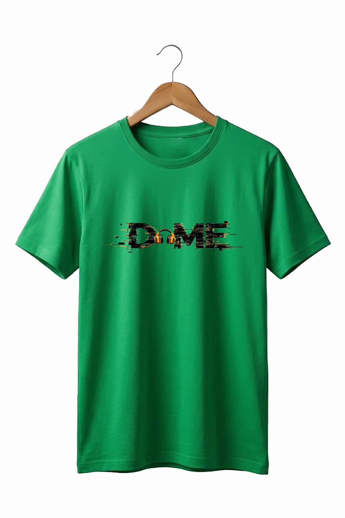 Unisex Müzik Temalı DOME Yazılı Kulaklık Figürlü Glitch Tasarım Sokak Stili %100 Pamuk Basic T-Shirt Yeşil - 2XL
