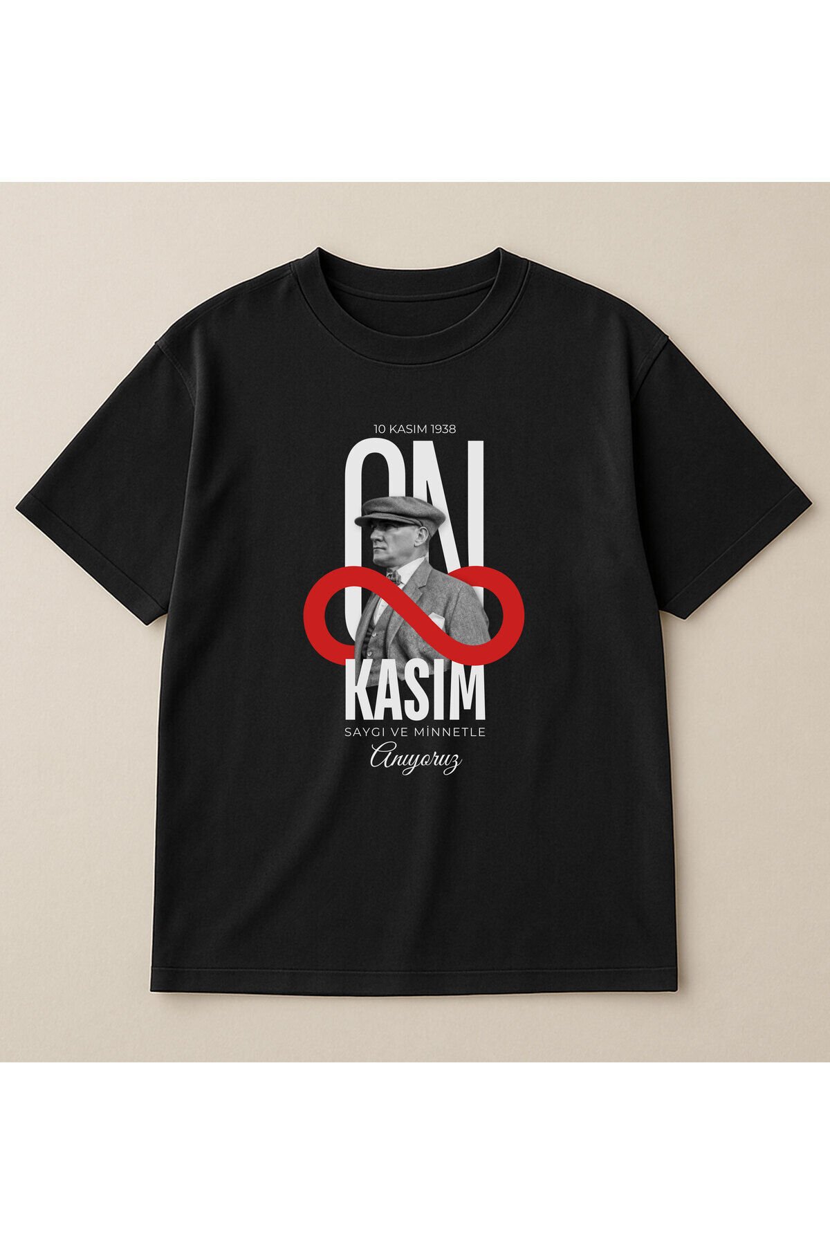 Atatürk Sonsuzluk Temalı 10 Kasım Baskılı Oversize %100 Pamuk Unisex Siyah T-Shirt Siyah - 3XL