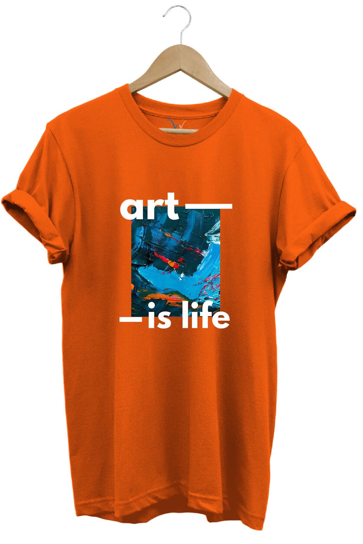 Sanatsal Renkli Tasarım Baskılı Art is Life Yazılı %100 Pamuk Regular Fit Unisex T-Shirt Turuncu - 3XL
